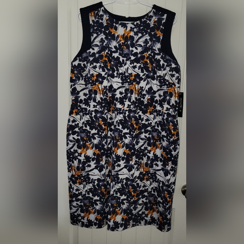 Margaret M Blue and Orange Sheath Dress Sleeveless Crew Neck Midi NWT